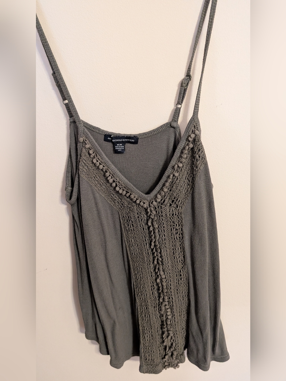 aerie Olive Crochet-Front Ribbed Cami with Pom-Pom Trim